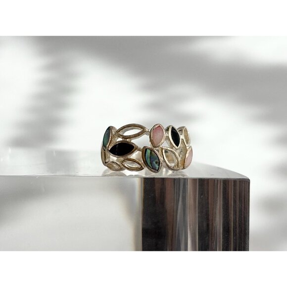 Multi Gemstone Abalone, MOP & Black Onyx 925 Sterling Vintage Ring - sz 6 - Picture 3 of 12